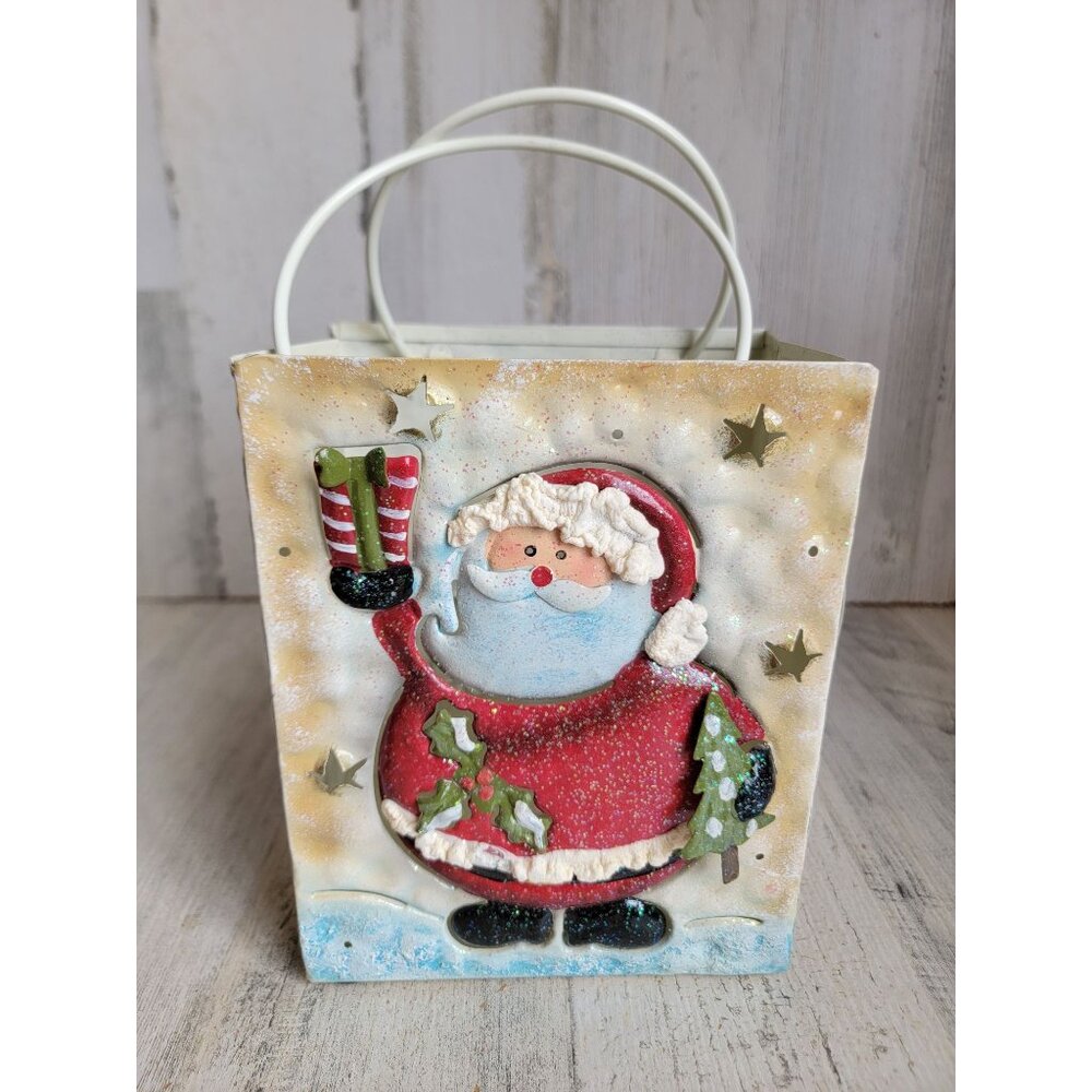 Vintage metal tealight candle santa holder Xmas‎ snow glitter